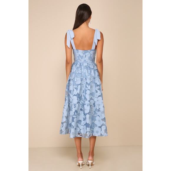 NWT Lulus Proof of Perfection Blue Floral Tiered Tie-Strap Midi Dress Cruise L - Picture 3 of 10